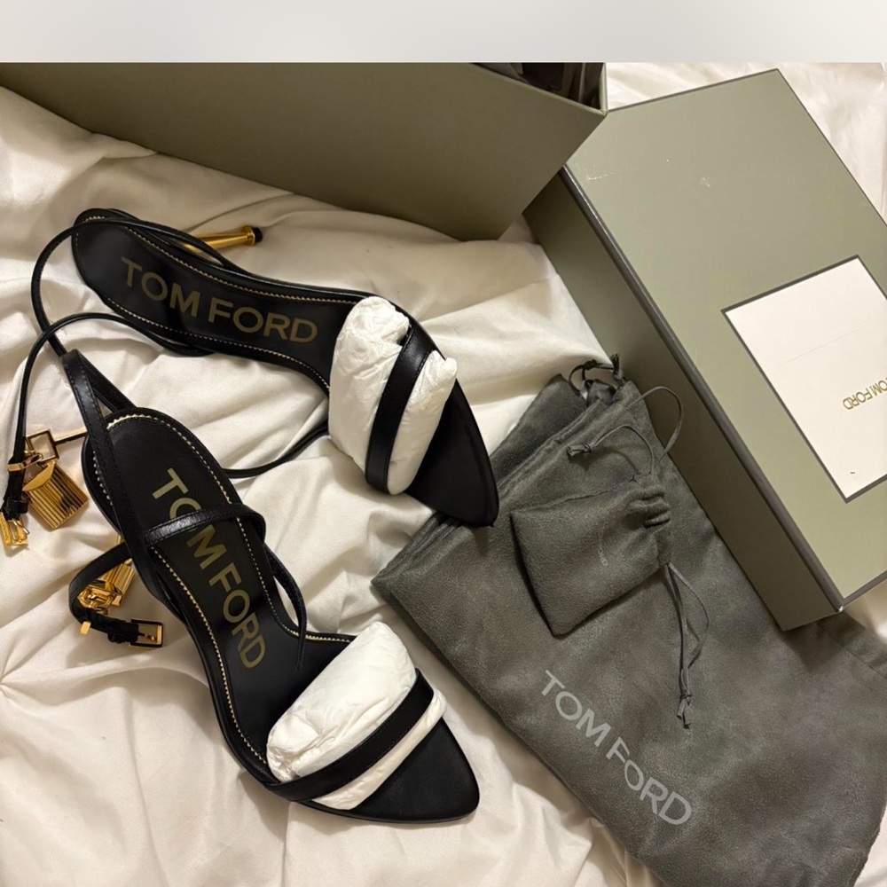 Tom Ford Black and White Heels with Gold Accents